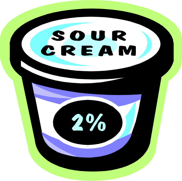 The image shows a cartoon of an ice cream cup with text that reads "SOUR CREAM" on it next to two percent sign indicating 2% sour cream content inside. There is also a blue label atop, which says "Sour Cream." Below this description are the words "100% Pure," suggesting no additives or artificial ingredients in the product depicted. The cup has an ice-cream cone shape and appears to be filled with sour cream.