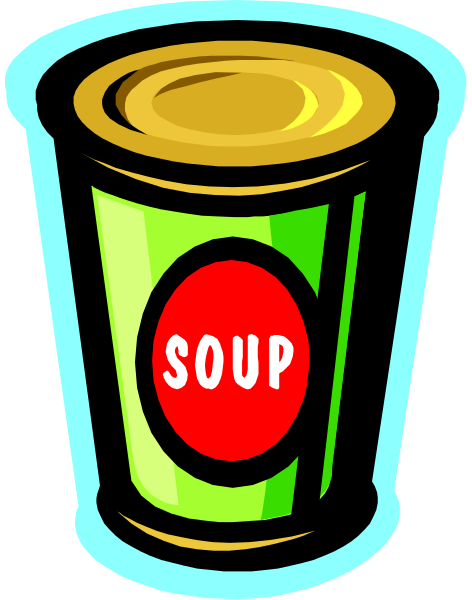 The image shows a cartoon depiction of an open can with soup inside it labeled "STOP," placed on top of another closed container that appears to be filled with food items such as beans or grains.