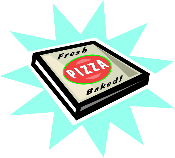 The image shows a slice of pizza with an open box on top that has "Fresh Pizza" written across it in red letters against a white background inside a blue border.
