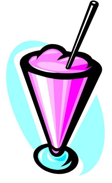 The image shows a pink milkshake with a straw inside it on top of what appears to be an ice cream cone base in front of a blue background that has white stripes running across it horizontally from left to right, and there is no text present within this small clip-art illustration.