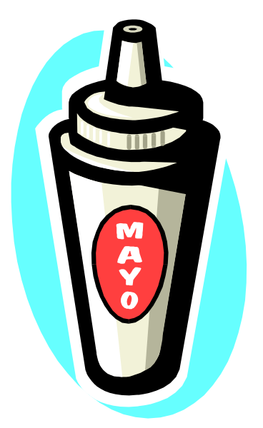 The image shows a cartoon depiction of an open bottle with red sauce inside it next to a cupcake that has white frosting on top.