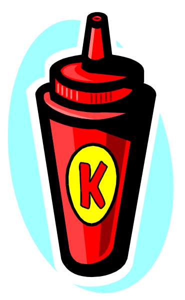 The image shows a cartoon depiction of an ice cream cone with two scoops on top, placed next to what appears to be a red ketchup bottle labeled "K" in yellow letters.