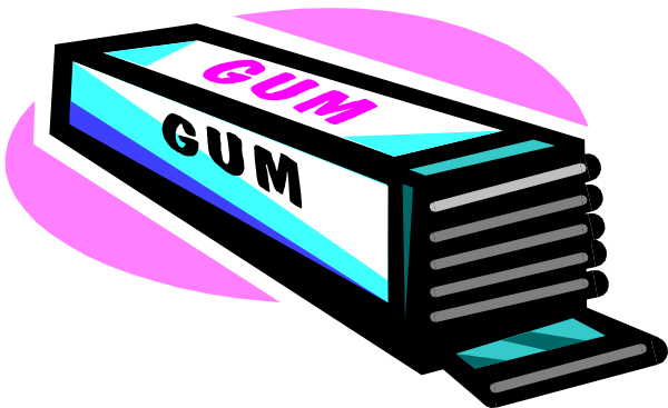 The image shows a cartoon depiction of two packs of gum with text that reads "GUM" on them against a pink background; there is also an iconic representation of Pac-Man in front, suggesting it's related to video games or nostalgia for classic arcade gaming.