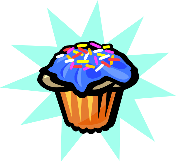 The image shows a colorful cupcake with sprinkles on top against an explosion effect background featuring starburst lines radiating outward from it.