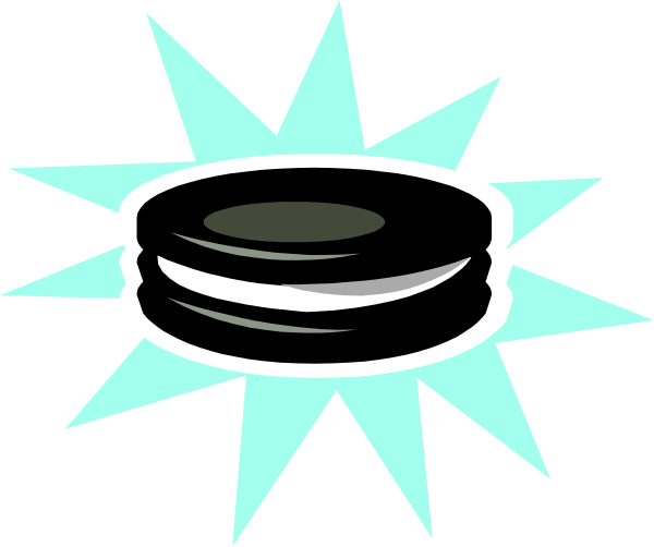 The image shows a black hockey puck with white lines on it surrounded by an explosion of light effects against a dark background.