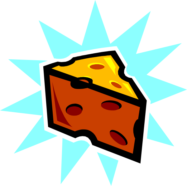 The image shows a slice of cheese pizza with melted yellow cheese on top inside an explosion graphic that has white sparks around it against a black background.