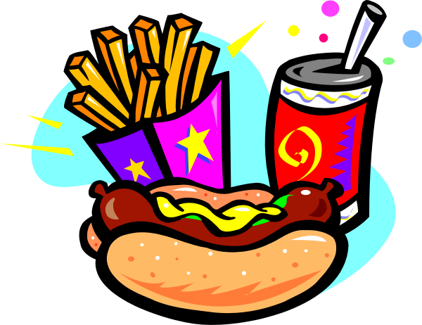 The illustration depicts a cartoon hot dog with various toppings on it next to an order of fries in front of what appears to be a soda can labeled "Coke."