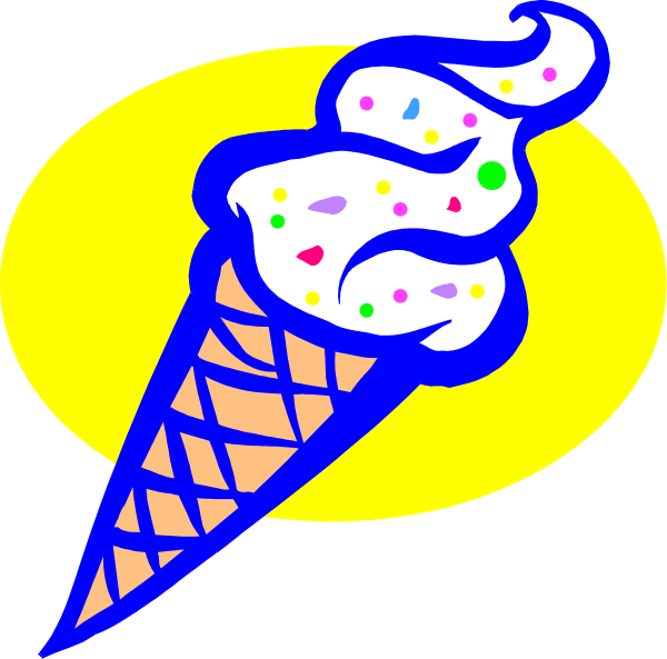 The image shows a cartoon ice cream cone with sprinkles on top against a yellow background that has an outline of what appears to be a scoop shop logo in blue at its base.