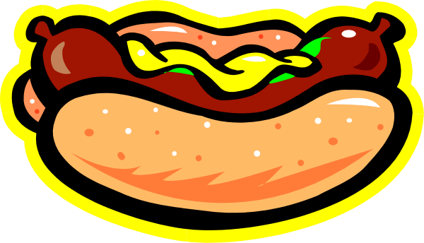 The image shows a cartoon depiction of two hot dogs with various toppings such as mustard, ketchup, onions, relish, sauerkraut, cheese, chili, jalapenos and pickles in buns placed next to each other against an orange background.