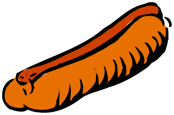 The image shows a hot dog with an orange bun on top of it against a black background.