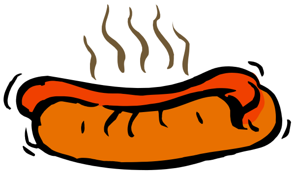The image shows a cartoon of an orange hot dog with grill marks on it next to a black background that has white steam rising from its top right corner.