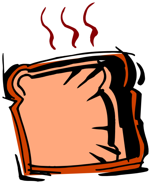 The image shows a toaster with two slices of bread inside it on top of an oven door that has steam coming out from underneath.
