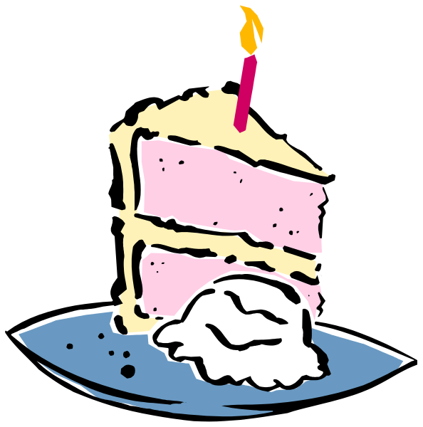 The image shows a slice of cake with white frosting on top, adorned with pink icing around its edges; there is one lit candle in it indicating that someone's birthday has been celebrated recently. A piece of chocolate ice cream sits next to the cake on what appears to be an oval plate or serving dish placed atop a tablecloth patterned like blue and white stripes, suggesting this might have taken place during a celebration for one person named "Gary."