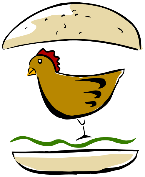 The image shows a cartoon of an open sandwich with various ingredients inside it, including what appears to be chicken wings on top, placed in front of a stylized burger bun that has been drawn over as if covering its contents; there is also a small illustration of a rooster's head peeking out from behind the bread.