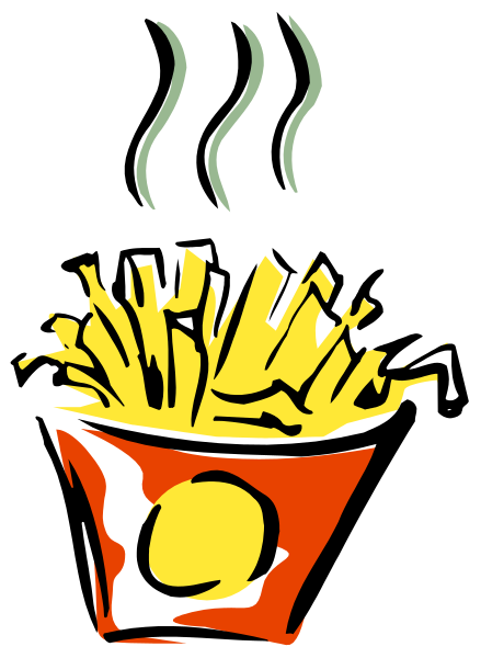 The image shows a cartoon of French fries with ketchup on top inside an open paper container placed against a black background.