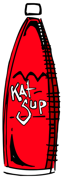 The image shows a cartoon bottle of ketchup with text that reads "Kat's Sup".