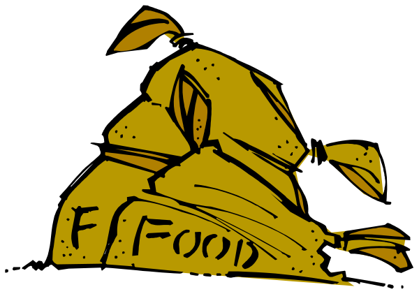 The black and white illustration shows a yellow bag with "Food" written on it tied to an object that appears to be a person's head from behind; there is no visible face of the individual, only their hair sticking out above the top edge of the image where they are wearing what looks like a hat.