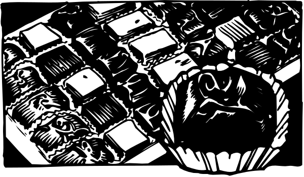 The black and white illustration shows a close up of an assortment of food items on what appears to be a table with various shapes like squares and rectangles around it.