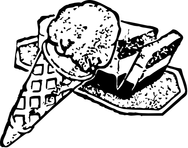 The black and white illustration shows a slice of pizza on top of an ice cream cone with two scoops next to it in what appears to be a waffle-like container; there is also another similar item, possibly more food items like sandwiches or hot dogs, partially visible at the bottom.