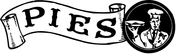 The black and white logo of a pie shop with text that reads "Pies".