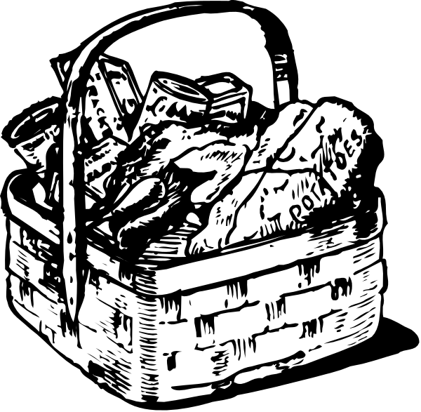 The black and white illustration shows a basket filled with various items such as bread loaves on top of each other, what appears to be fish at one end, possibly eggs in another corner, some sort of meat near the center bottom, and several bottles arranged neatly along its side.