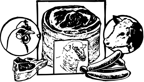 The black and white illustration shows a variety of food items including bread loaves on top left corner, bananas to right side middle row, an eggplant in bottom center square, two hot dogs with buns at lower part of image, and what appears to be meat or sausage links above the eggs.