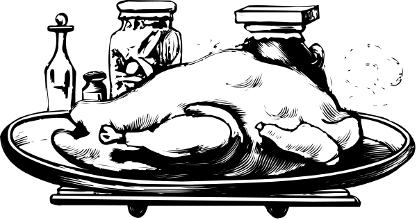 The black and white photo shows a table with various food items including fish heads on plates next to bottles of sauce; there is also an open jar in front of two jars that appear closed.