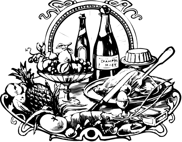 The black and white illustration depicts a table laden with various food items such as bottles of wine, bowls filled with fruits like apples and bananas, vegetables including carrots and broccoli, along with other dishes that suggest an elaborate meal or feast is being prepared for two people.