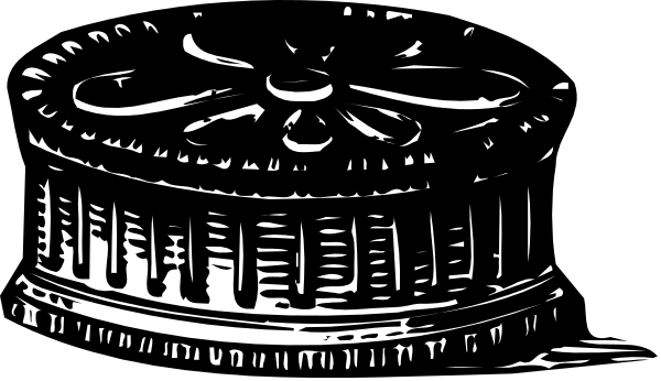 The black and white illustration shows a cake with decorative icing on top of it placed next to an open book in what appears to be a library-like environment. There is no text present within this image, so there's nothing that can be described as being written or printed herein. Additionally, the focus seems to be solely upon these two items and their immediate surroundings; thus, any other objects are not visible enough for me to confidently describe them in detail.
