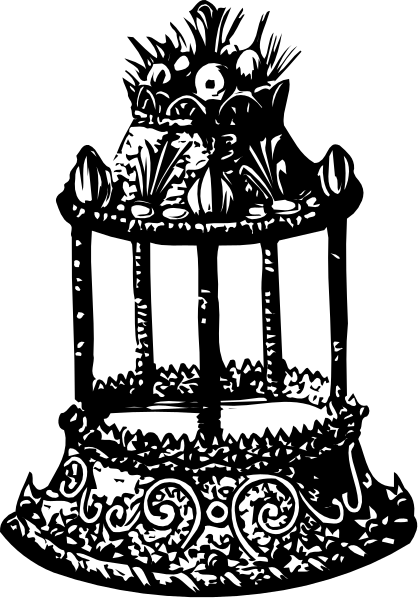 The black and white illustration shows a cake with candles on top of it inside an elaborate cage that has intricate designs around its base; there is no text present in this image.