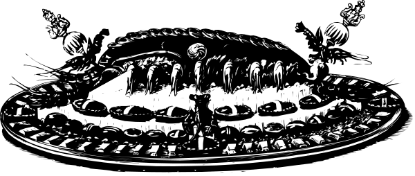 The black and white photo shows a tray of food with various items on it placed against an indistinct background that does not provide any additional context about its location or purpose.