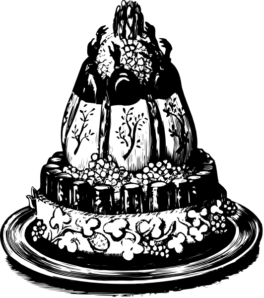 The black and white illustration shows a cake with candles on top of it placed atop an elaborate stand decorated with fruits like grapes and apples around its base.