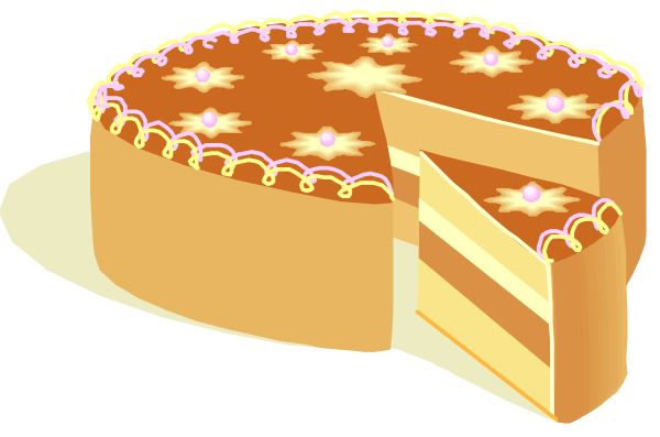The image shows a slice of cake with frosting on top placed next to another whole piece of cake that has been cut into slices; both cakes have decorative icing borders around them featuring stars, and there is an orange border atop one of the pieces indicating it's ready for serving. There are no people or animals in this image. The setting appears to be a table with two plates on top where each piece of cake has been placed; however, only half of the second plate can be seen due to cropping and perspective distortion from an angle shot.