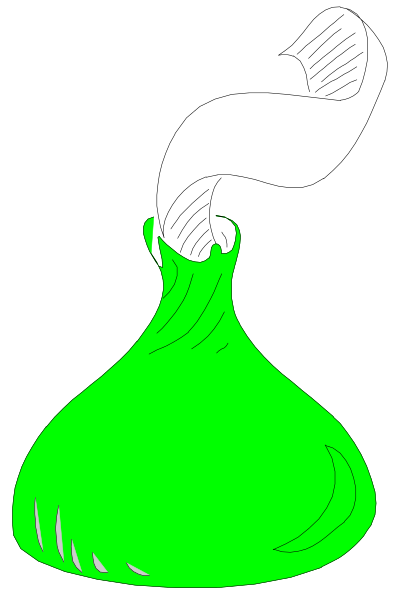 The image shows a green blob with two eyes on it against a black background.