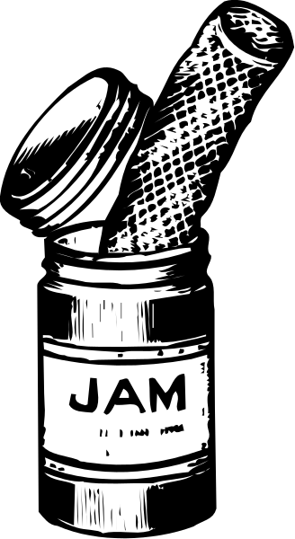 The black and white illustration shows a jar labeled "JAM" with an open lid next to it on what appears to be a tabletop surface in front of which there is another object that resembles a bottle, also containing jam but capped differently than the first one; both jars are depicted against a dark background.