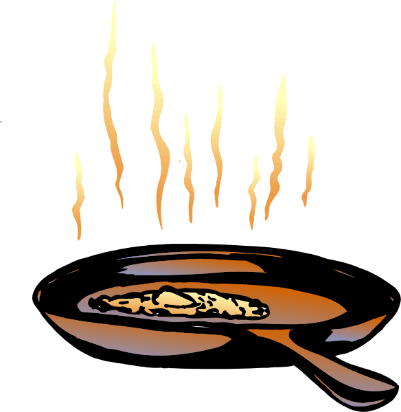 The image shows a stylized illustration of an open flame with orange flames above what appears to be food cooking on top in a pan that is placed over a stove burner depicted by blue lines suggesting heat, all set against a dark background.