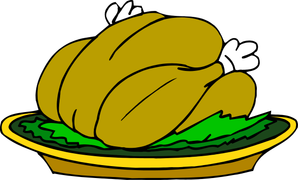 The image shows a cartoon depiction of an oven roasted turkey with stuffing on top inside what appears to be a ceramic dish placed in front of it.