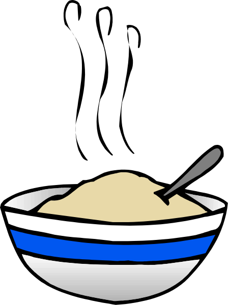 The image shows a cartoon of an oatmeal bowl with two spoons inside it on top of what appears to be a table surface in front of a black background.