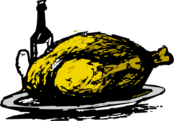 The black and white illustration shows a roasted turkey on top of what appears to be an oven tray with its wings spread out in front of it.
