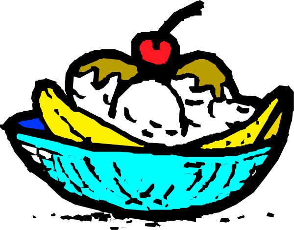 The image shows a cartoon depiction of an ice cream cone with two scoops on top, placed inside what appears to be a bowl filled with fruit slices; above this scene is another smaller illustration featuring three bananas and one strawberry in front of them, all set against a dark background.