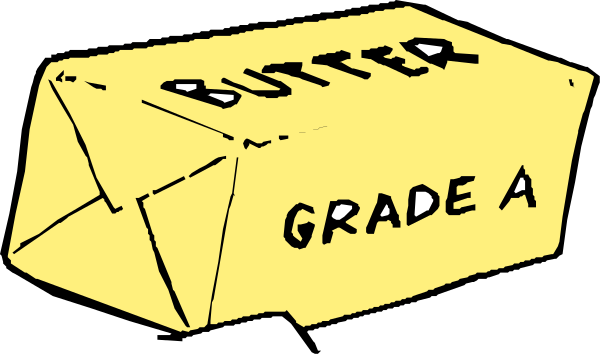 The black and white illustration shows a cartoon of two boxes labeled "butter" with text that reads "grade A."
