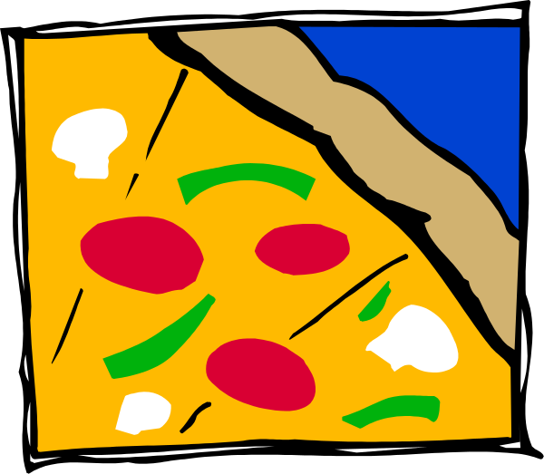 The picture shows a colorful pizza with various toppings inside an open frame that resembles a window on top of what appears to be a mountainous landscape in blue tones at its base.