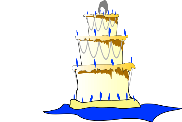 The image shows a cartoon of an ice cream cone with three scoops on top placed next to a cake that has candles lit atop it.