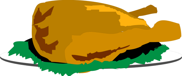 The image shows a cartoon of an orange turkey with its head inside what appears to be a white plate filled with stuffing on top of it.