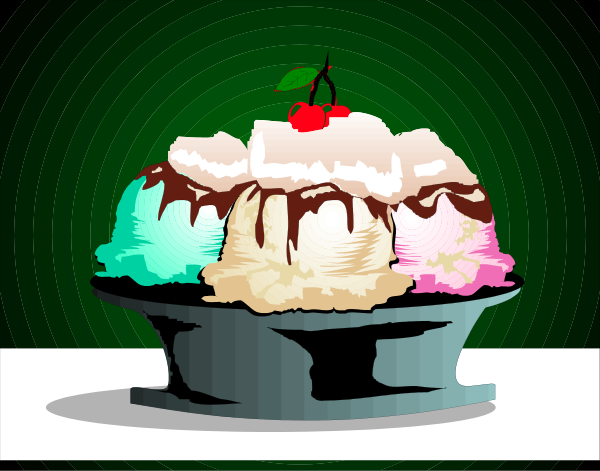 The image shows a cartoon of three ice cream sundaes with various toppings on them placed inside an oval-shaped bowl that is sitting atop what appears to be a table in front of a green background, possibly representing grass due to its color and texture.
