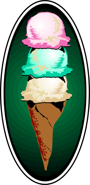 The image shows a neon sign with three ice cream cones stacked on top of each other against an abstract background that resembles a stylized eye shape in shades of green, purple, pink and blue.