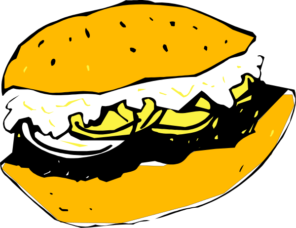 The image shows a cartoon of an open sandwich with various ingredients visible inside it against a black background.