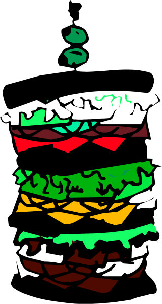 The image shows a colorful cartoon of three stacked hamburgers with different toppings against a black background.