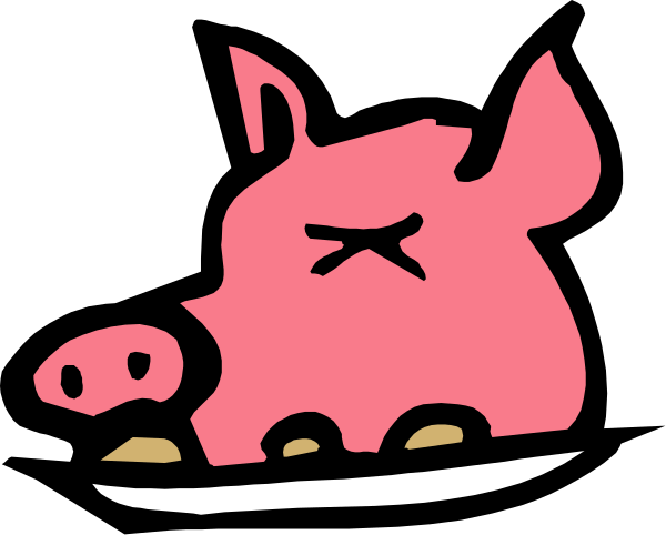 The image shows a cartoon pig character with an exaggeratedly large head sitting on top of what appears to be a surfboard-like object in midair against a black background.