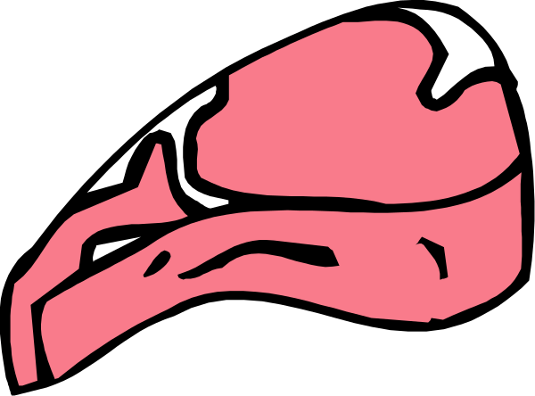 The image shows a pink steak with bones on it against a black background.